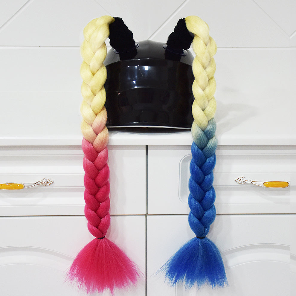Blonde Pink Blue Plait Helmet Pigtails
