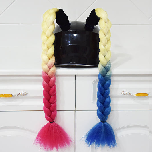 Blonde Pink Blue Plait Helmet Pigtails